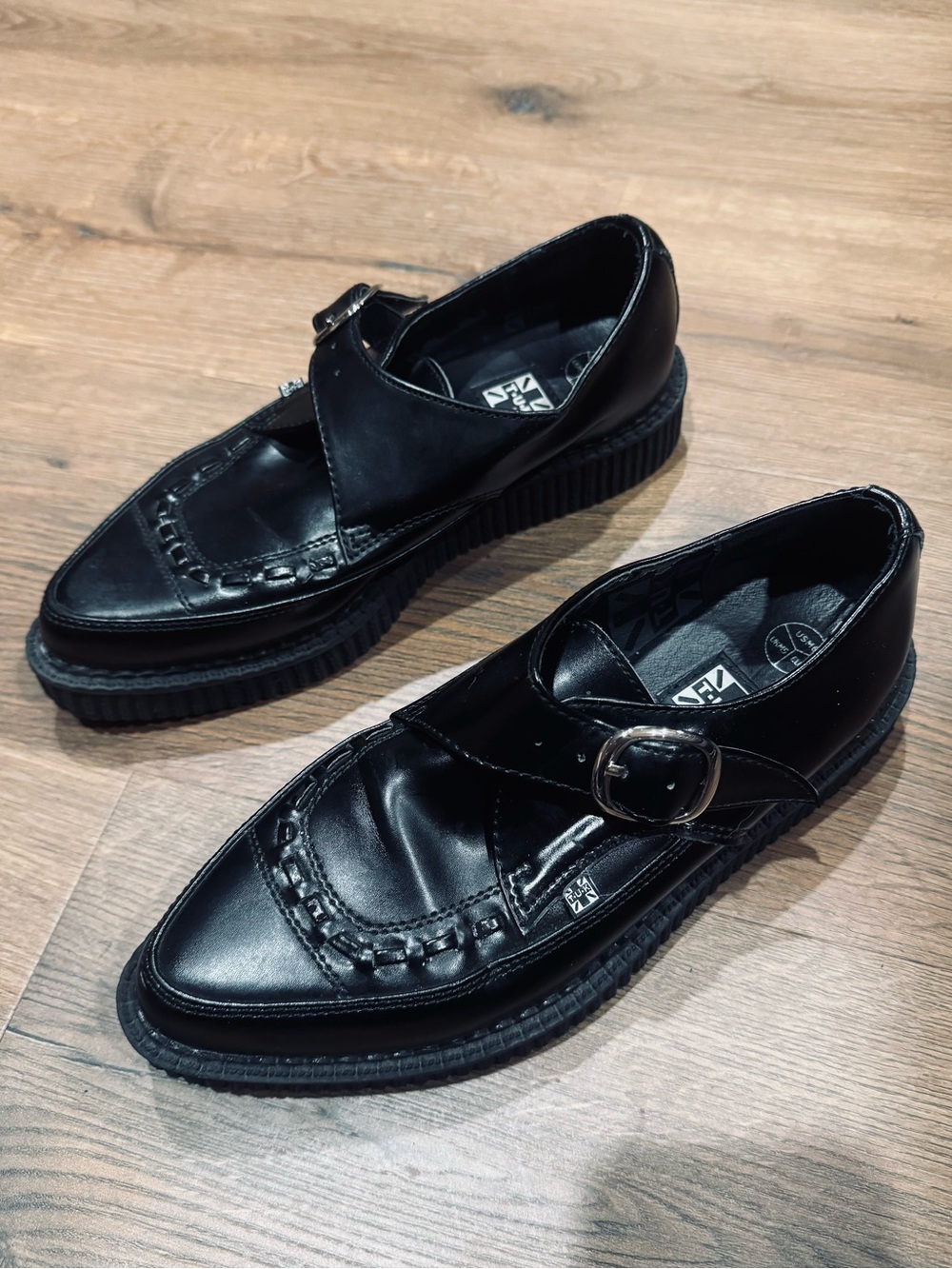 T.U.K. Black Leather Pointed Buckle Creepers